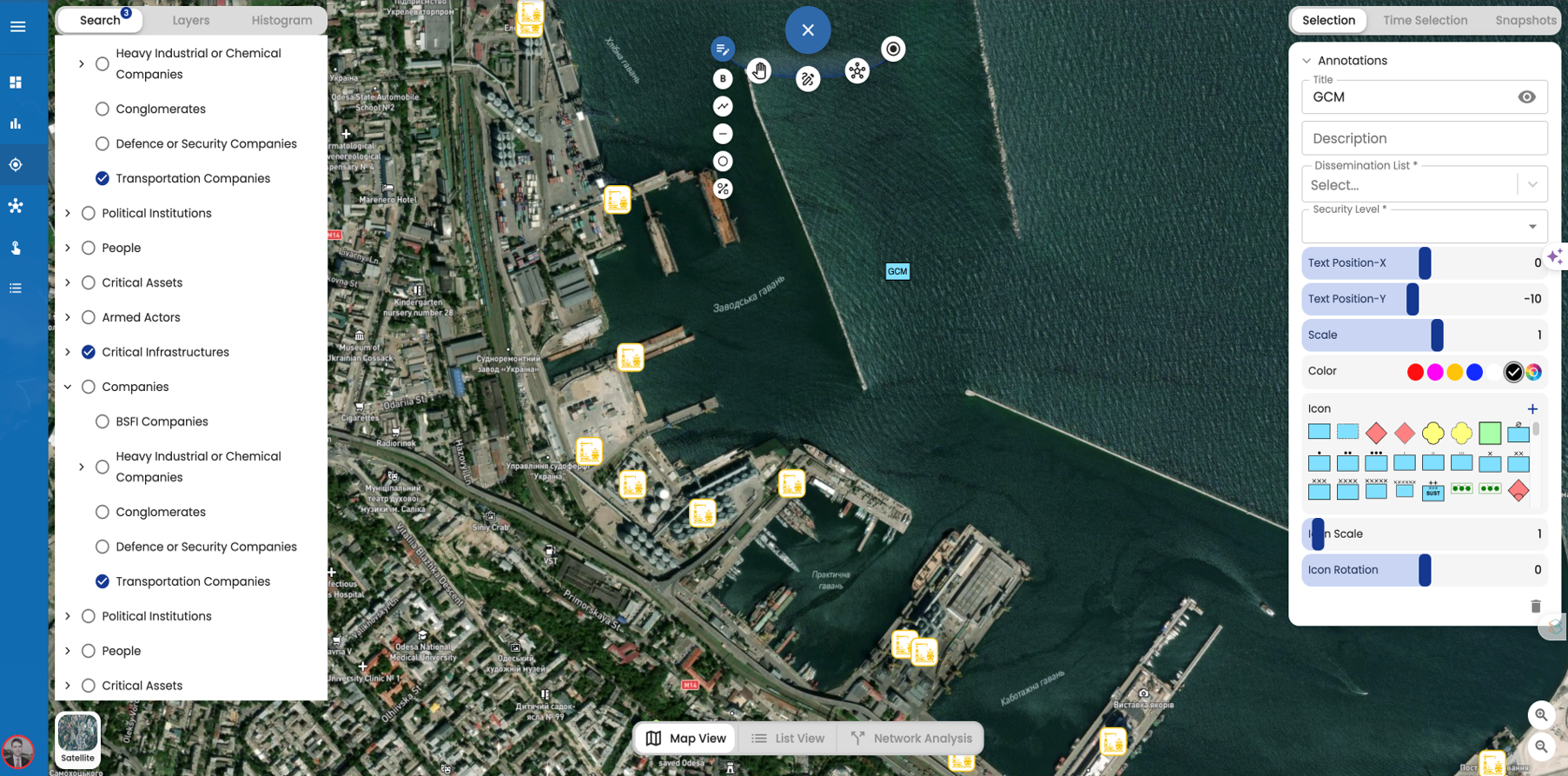 GenesisOS port monitoring interface showing geospatial infrastructure annotations, critical asset layers, and real-time command controls